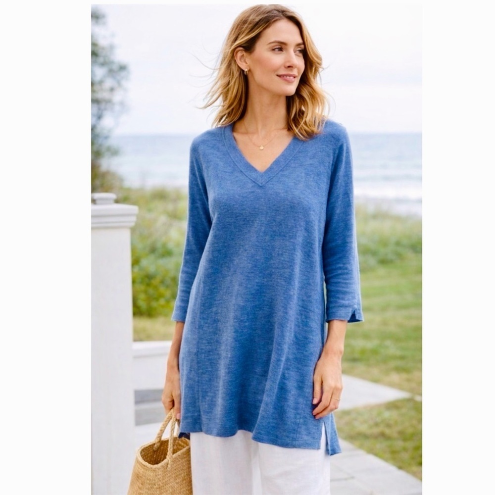 J. Jill Linen Blend V Neck Knit Tunic Sweater Coastal Blue Size Small Petite Top